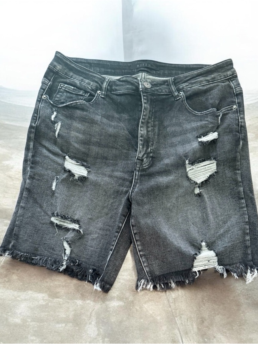 Risen High-Waist Distressed Black Denim Shorts